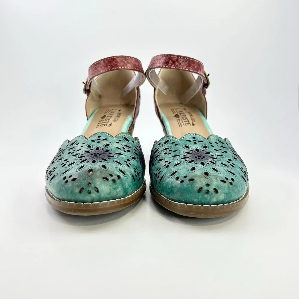 L'Artiste Spring Step Parchetta Blum Blue Multi Leather Heels Shoes 38 US 7.5-8